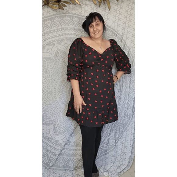❤ Plus Size Valentine’s Day Long Sleeve Heart Print Black Dress NWT - Picture 8 of 16